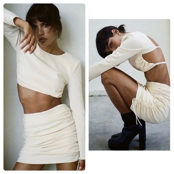 NWT Zara Draped Ruched High Waisted Mini Skirt in Ecru/Cream, Size Small - Picture 10 of 16